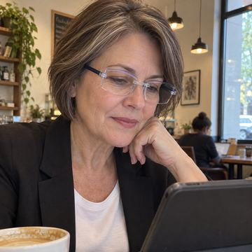 Blue clear smart zoom reading glasses while using tablet