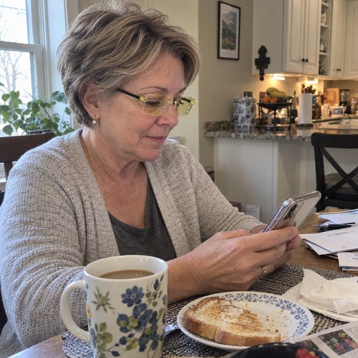 Woman using phone at breakfast while wearing yellow reading glasses