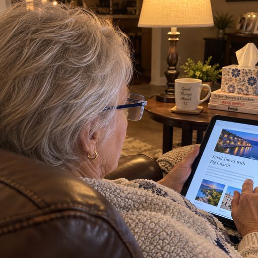 Older woman reading tablet with blue smart zoom glasses