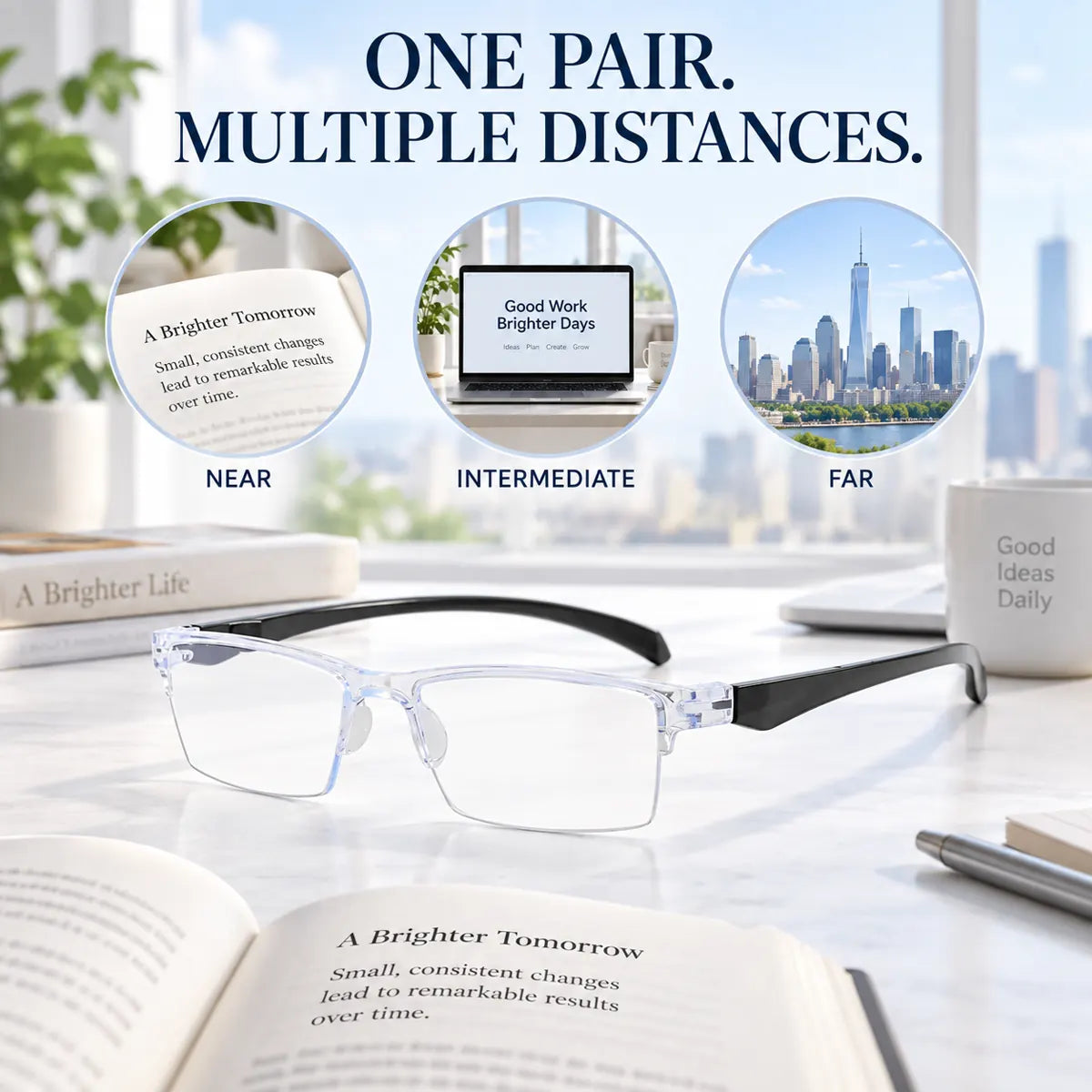 Clear frame reading glasses for near, intermediate, and far viewing