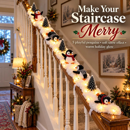 🎄 Lighted Penguin Snowy Stair Railing Christmas Decor