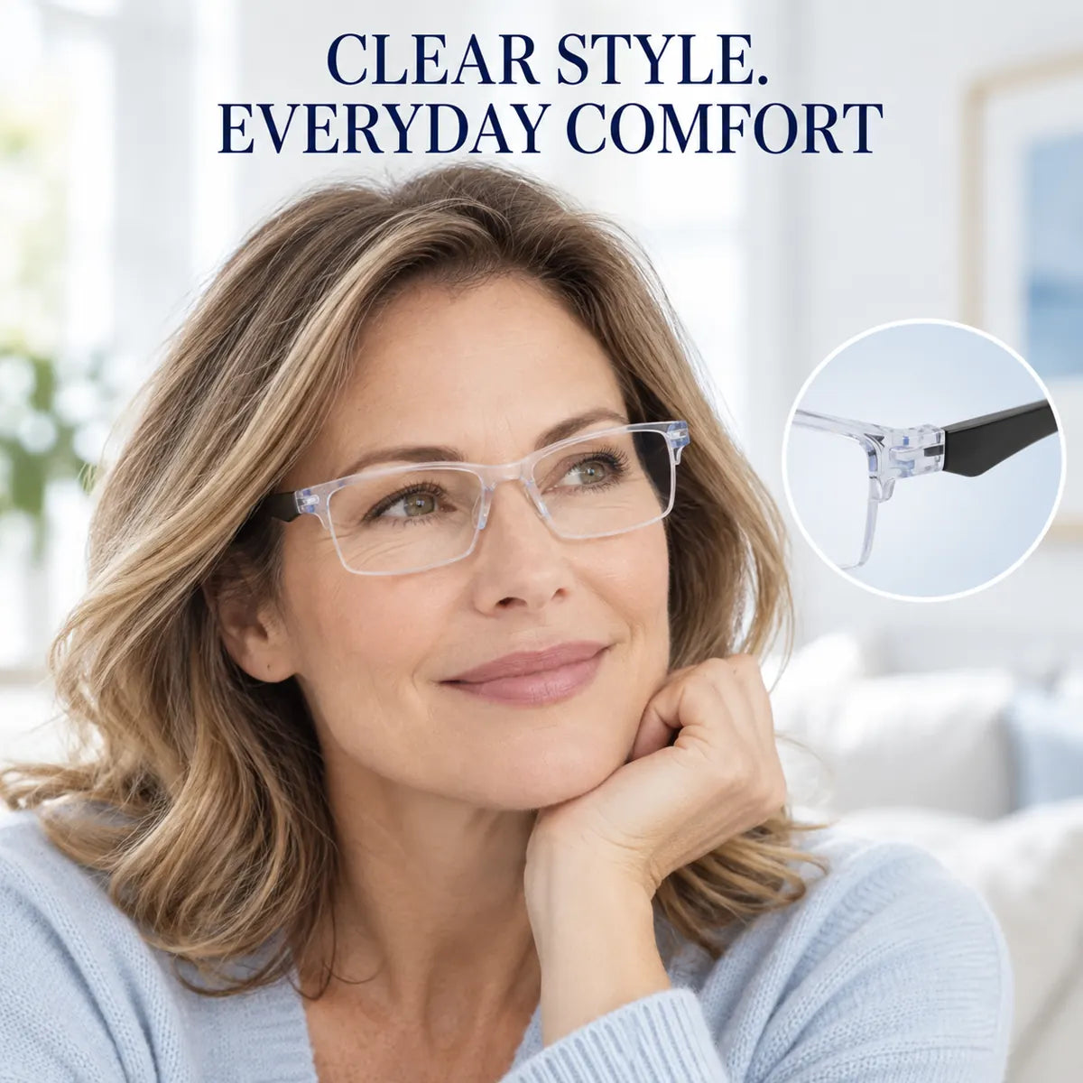 Woman wearing clear frame glasses for everyday comfort