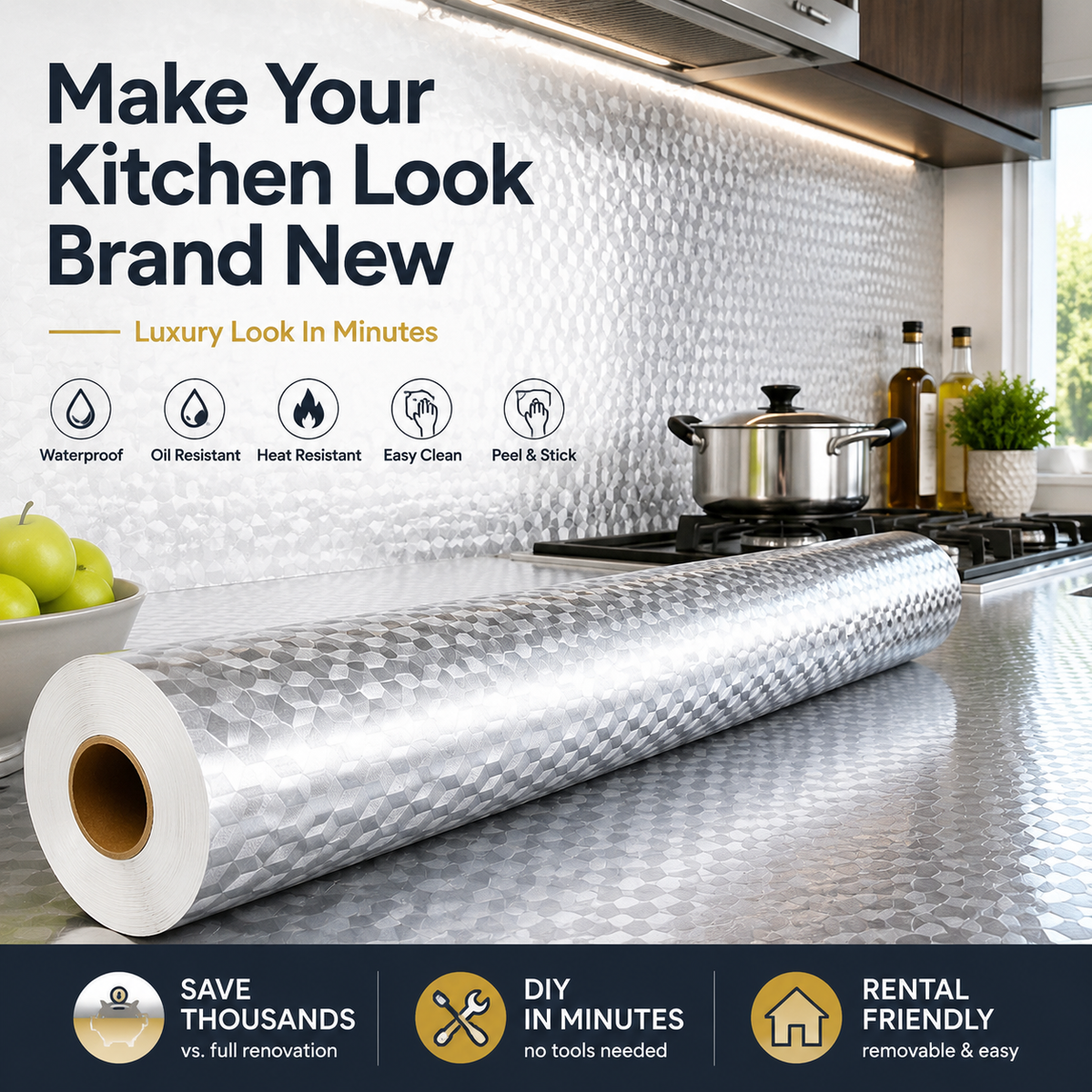 Peel & Stick Kitchen Makeover Film – Waterproof DIY Countertop & Cabinet Cover
