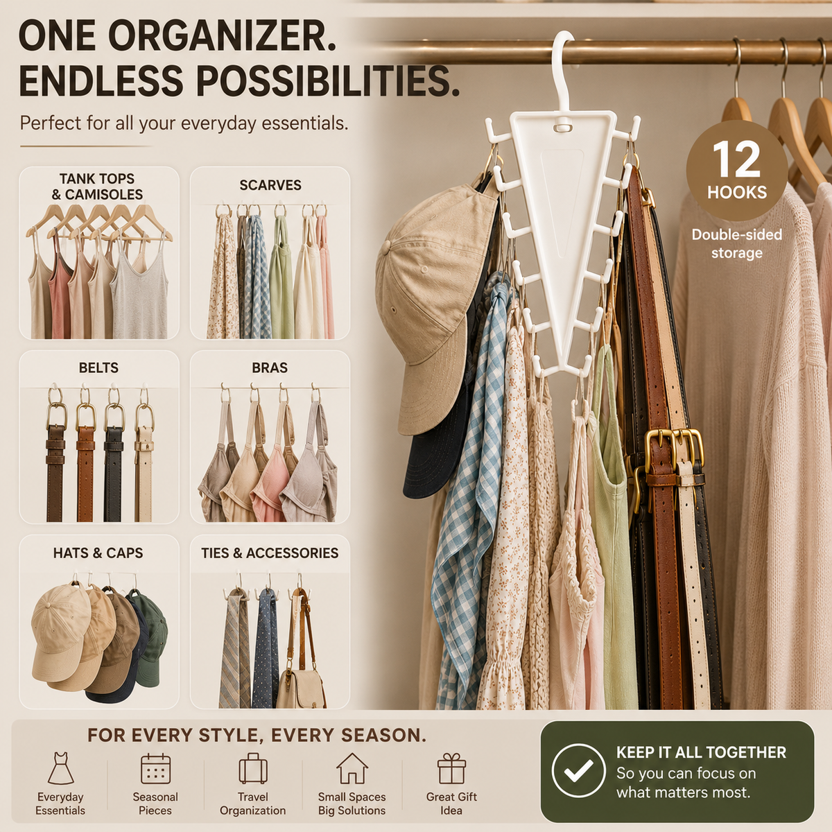 ⏳ FINAL 24 HOURS · 50% OFF👚 12-Hook Rotating Closet Organizer – Make Room Fast