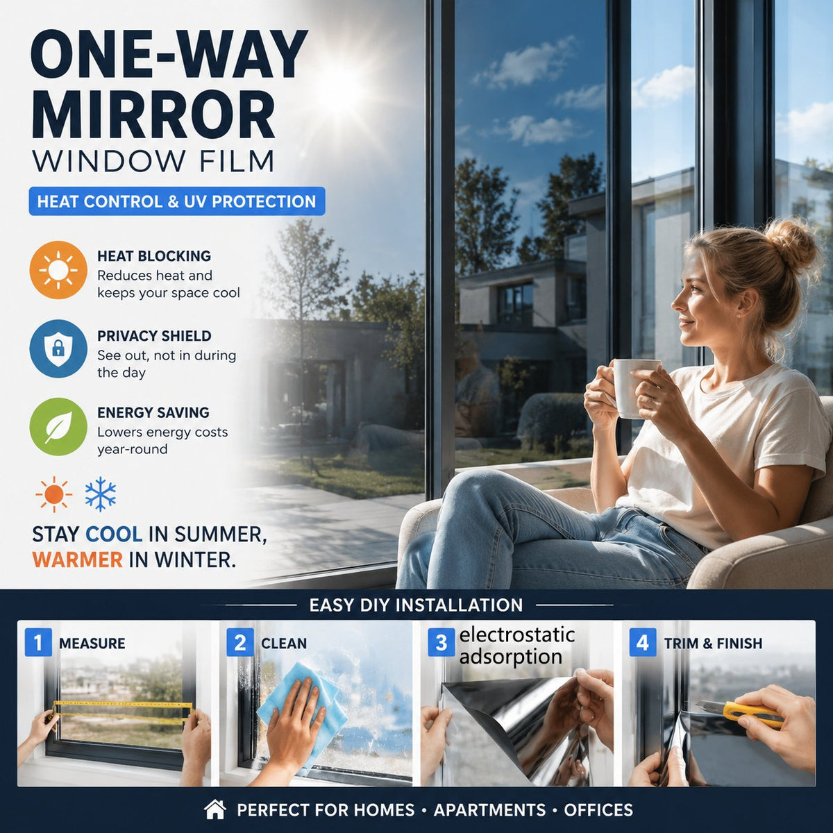 ⏳ FINAL 24 HOURS · 50% OFF✨One-Way Mirror Window Film – Heat Control & UV Protection