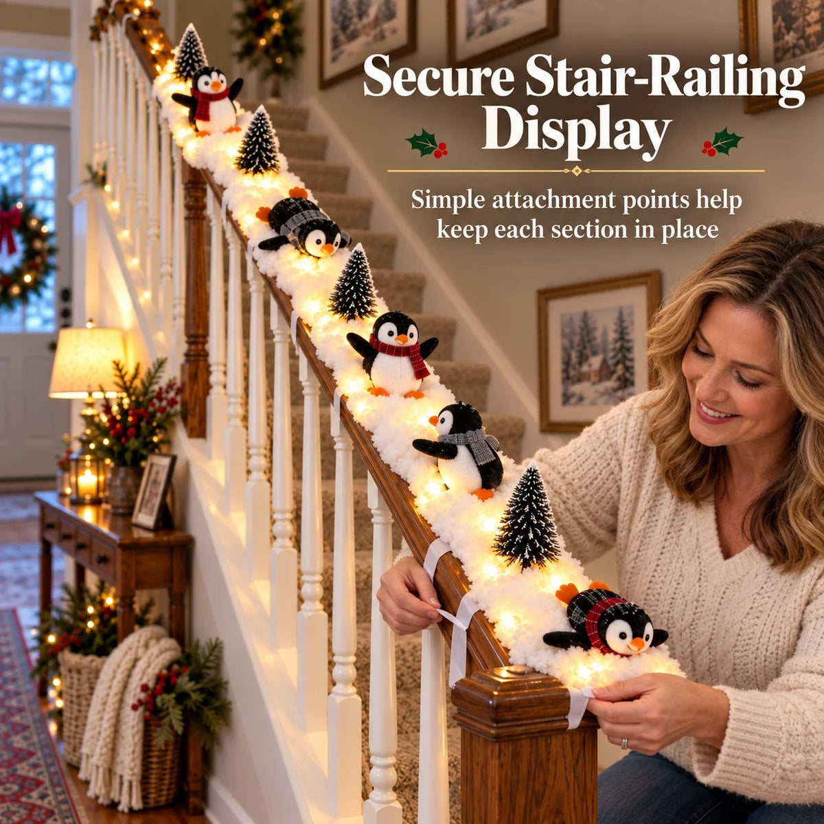 🎄 Lighted Penguin Snowy Stair Railing Christmas Decor