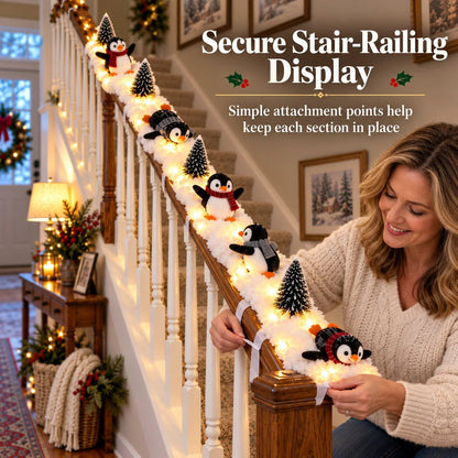 🎄 Lighted Penguin Snowy Stair Railing Christmas Decor