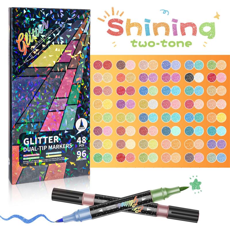 🎨Glitter Effect Brush Markers - Create Sparkling Artwork Easily(🌈24-200 Colors | Smooth No Clog | No Bleed Through📝)
