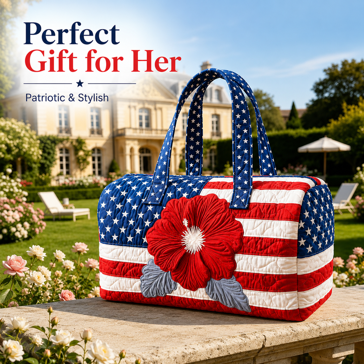 Dobryla®🛍️LAST DAY 50% OFF👜Patriotic Quilted Tote Bag | 3D Floral American Flag Travel Duffel