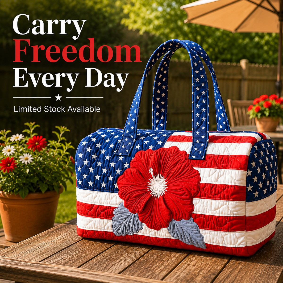Dobryla®🛍️LAST DAY 50% OFF👜Patriotic Quilted Tote Bag | 3D Floral American Flag Travel Duffel