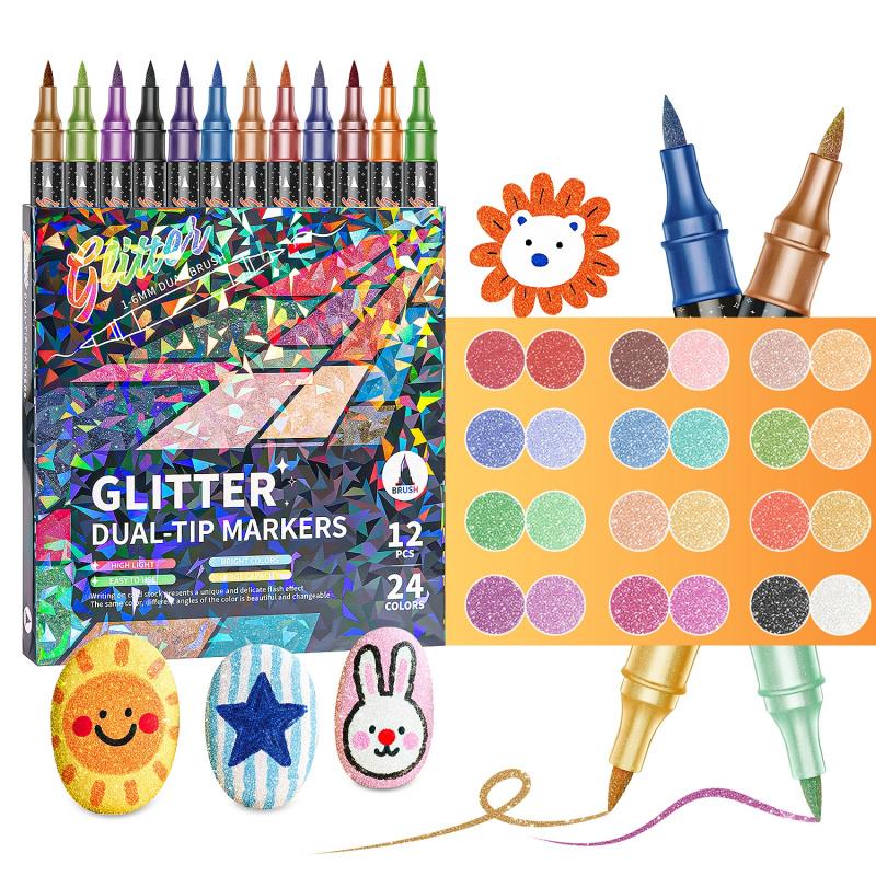 🎨Glitter Effect Brush Markers - Create Sparkling Artwork Easily(🌈24-200 Colors | Smooth No Clog | No Bleed Through📝)