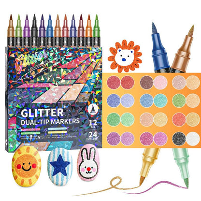 🎨Glitter Effect Brush Markers - Create Sparkling Artwork Easily(🌈24-200 Colors | Smooth No Clog | No Bleed Through📝)