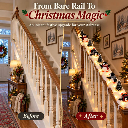 🎄 Lighted Penguin Snowy Stair Railing Christmas Decor