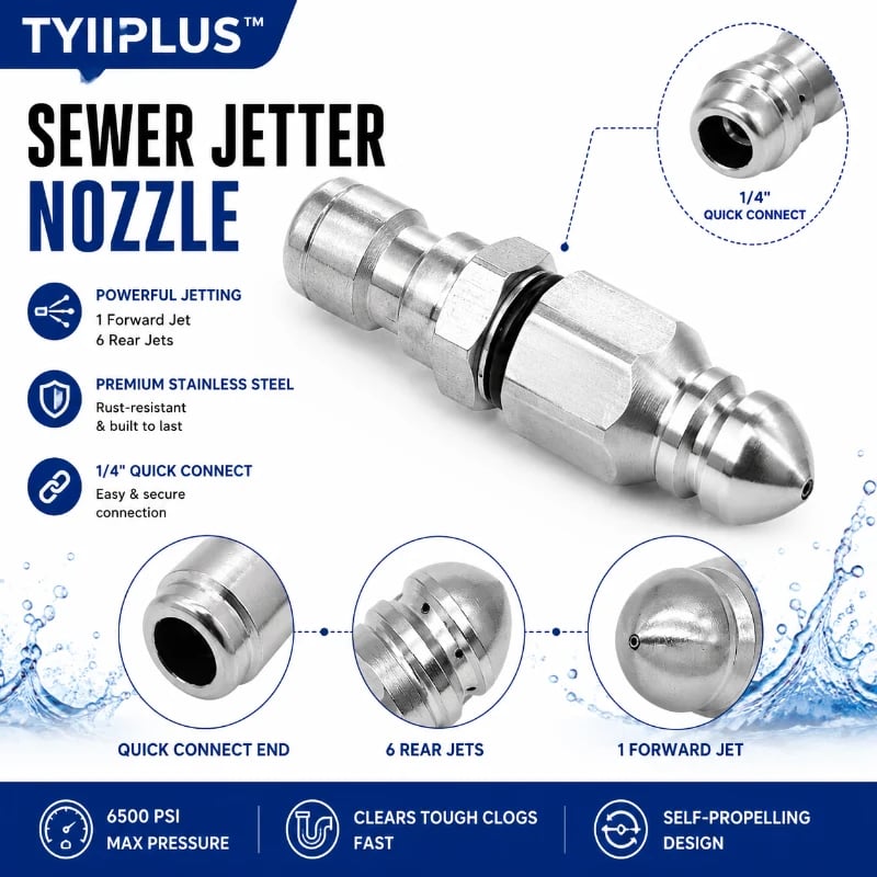 🔥Lasy day 50% OFF-🔥6500 PSI Stainless Steel Sewer Jetter Nozzle – 1/4" Quick Connect Drain Cleaning Attachment for Pressure Washers