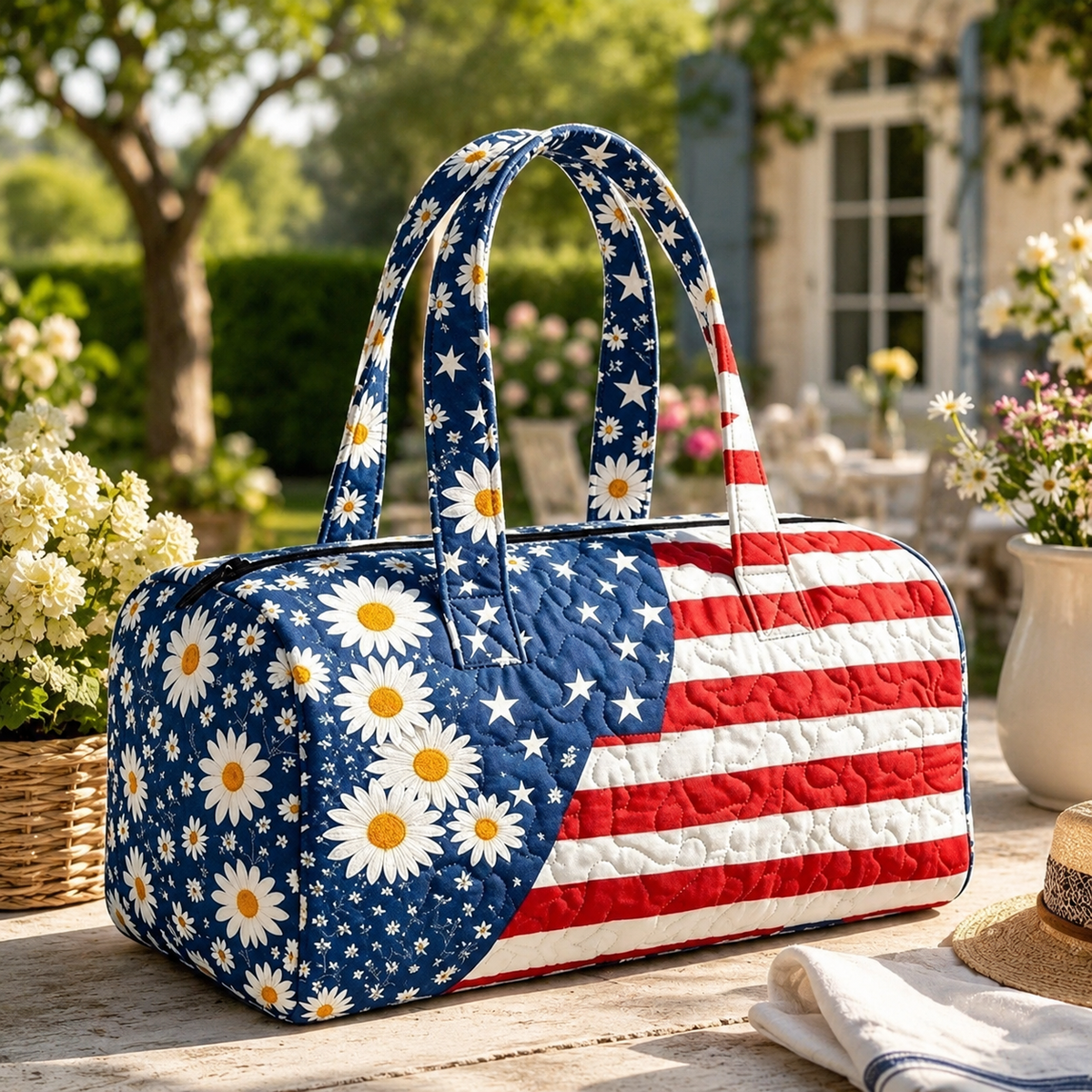 Dobryla®🛍️LAST DAY 50% OFF👜Patriotic Quilted Tote Bag | 3D Floral American Flag Travel Duffel