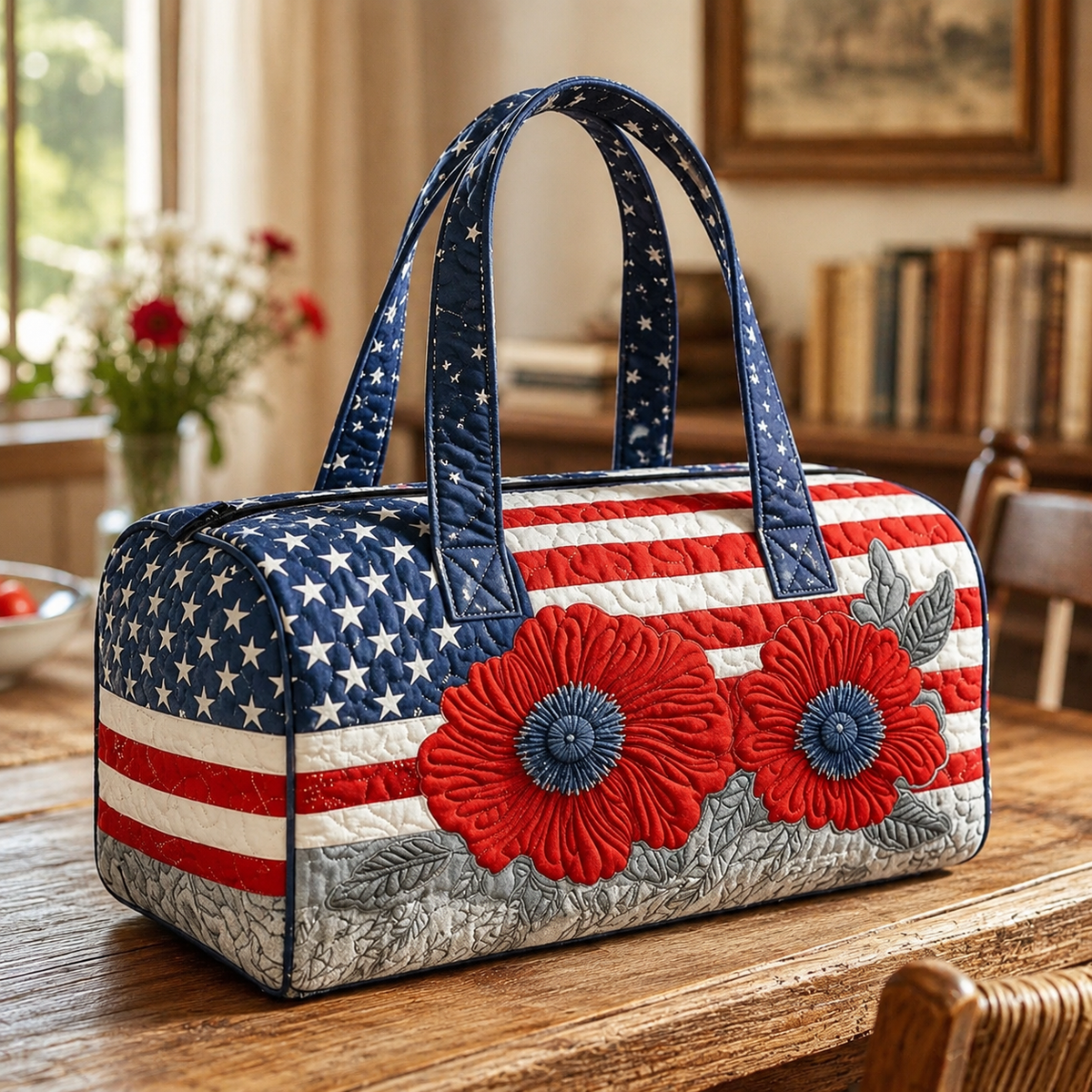 Dobryla®🛍️LAST DAY 50% OFF👜Patriotic Quilted Tote Bag | 3D Floral American Flag Travel Duffel