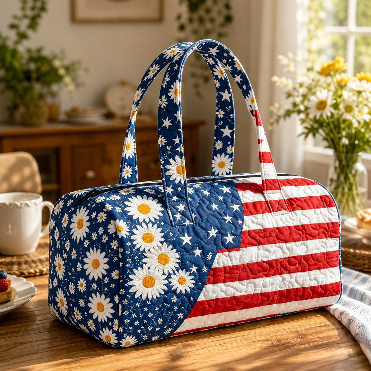 Dobryla®🛍️LAST DAY 50% OFF👜Patriotic Quilted Tote Bag | 3D Floral American Flag Travel Duffel