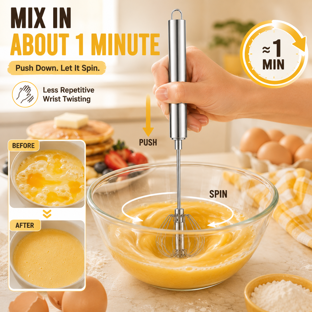 ⏳ FINAL 24 HOURS · 50% OFF🥄Stainless Steel Hand-Push Rotary Whisk – Mix Faster With Less Wrist Effort