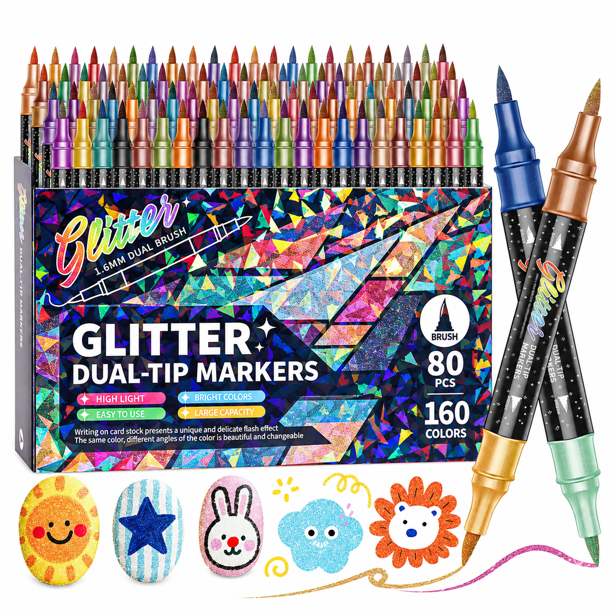 🎨Glitter Effect Brush Markers - Create Sparkling Artwork Easily(🌈24-200 Colors | Smooth No Clog | No Bleed Through📝)