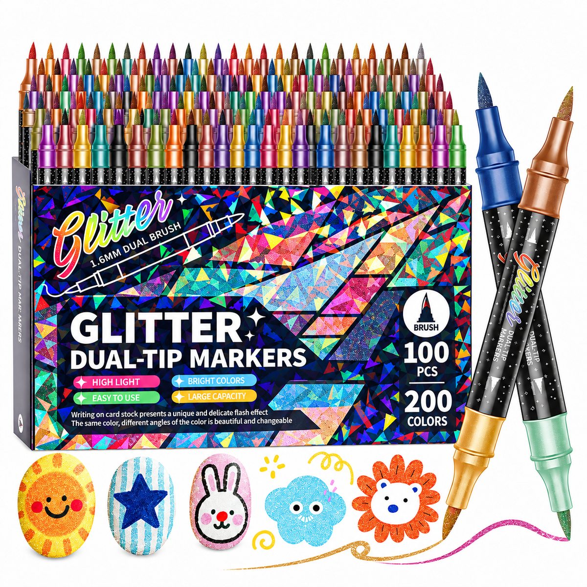 🎨Glitter Effect Brush Markers - Create Sparkling Artwork Easily(🌈24-200 Colors | Smooth No Clog | No Bleed Through📝)