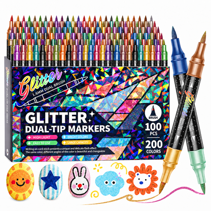 🎨Glitter Effect Brush Markers - Create Sparkling Artwork Easily(🌈24-200 Colors | Smooth No Clog | No Bleed Through📝)
