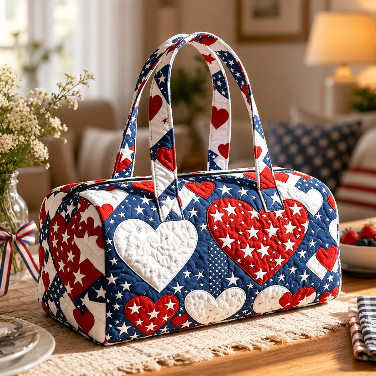 Dobryla®🛍️LAST DAY 50% OFF👜Patriotic Quilted Tote Bag | 3D Floral American Flag Travel Duffel