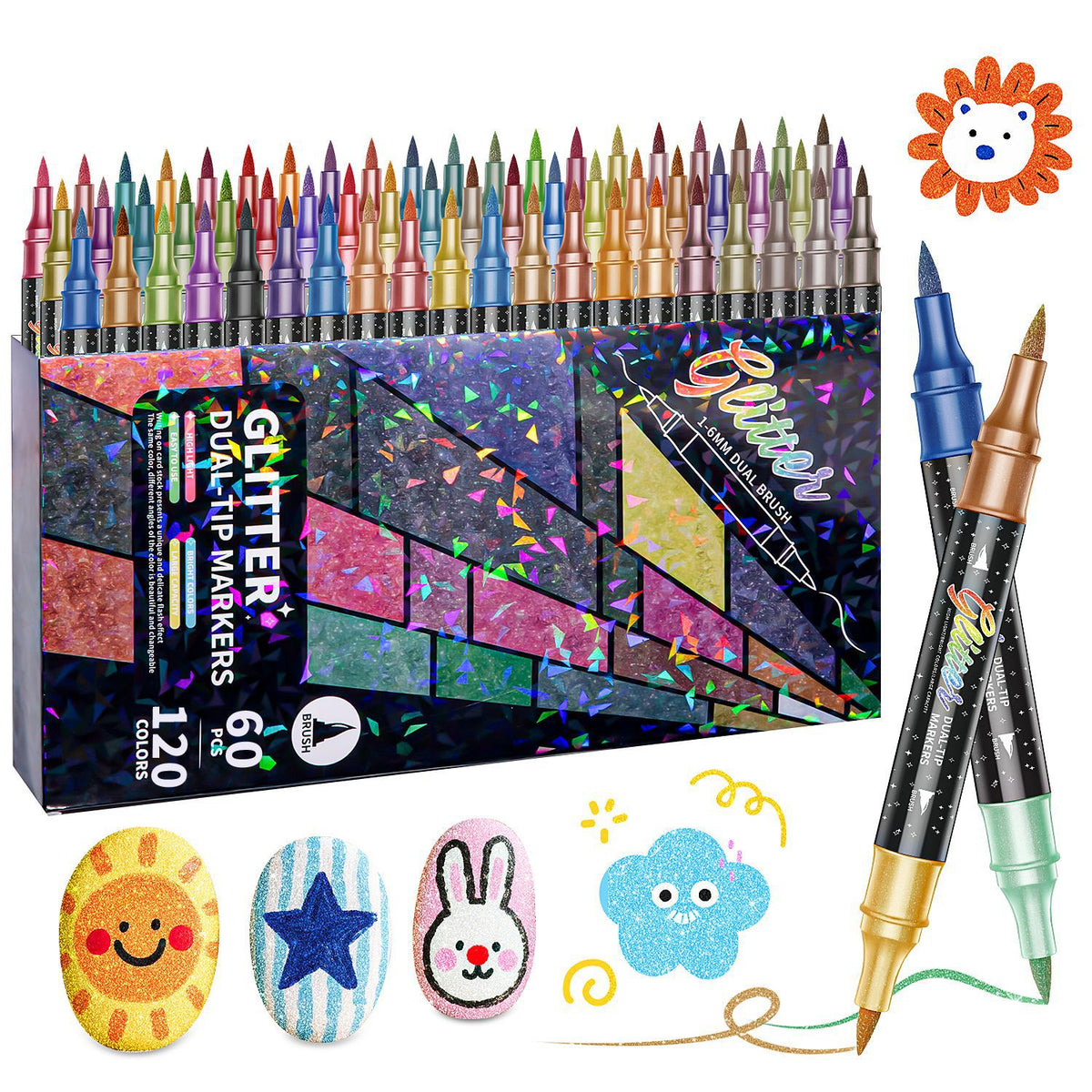 🎨Glitter Effect Brush Markers - Create Sparkling Artwork Easily(🌈24-200 Colors | Smooth No Clog | No Bleed Through📝)