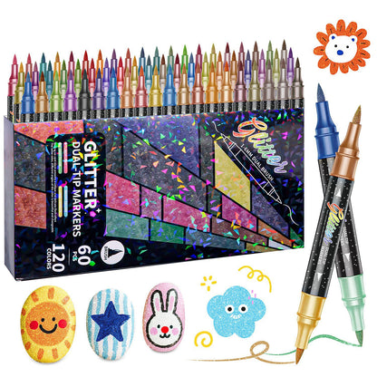 🎨Glitter Effect Brush Markers - Create Sparkling Artwork Easily(🌈24-200 Colors | Smooth No Clog | No Bleed Through📝)