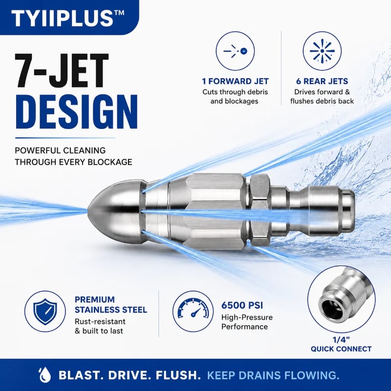 🔥Lasy day 50% OFF-🔥6500 PSI Stainless Steel Sewer Jetter Nozzle – 1/4" Quick Connect Drain Cleaning Attachment for Pressure Washers