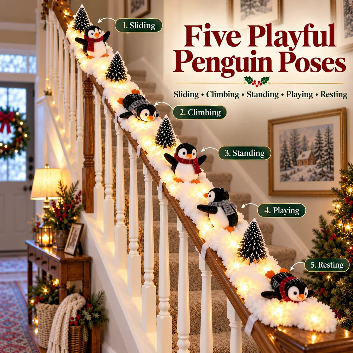 🎄 Lighted Penguin Snowy Stair Railing Christmas Decor