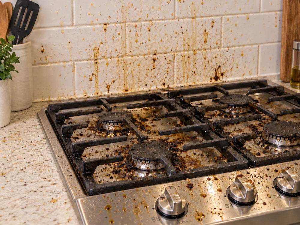 Before cleaning greasy cooktop and backsplash splatter
