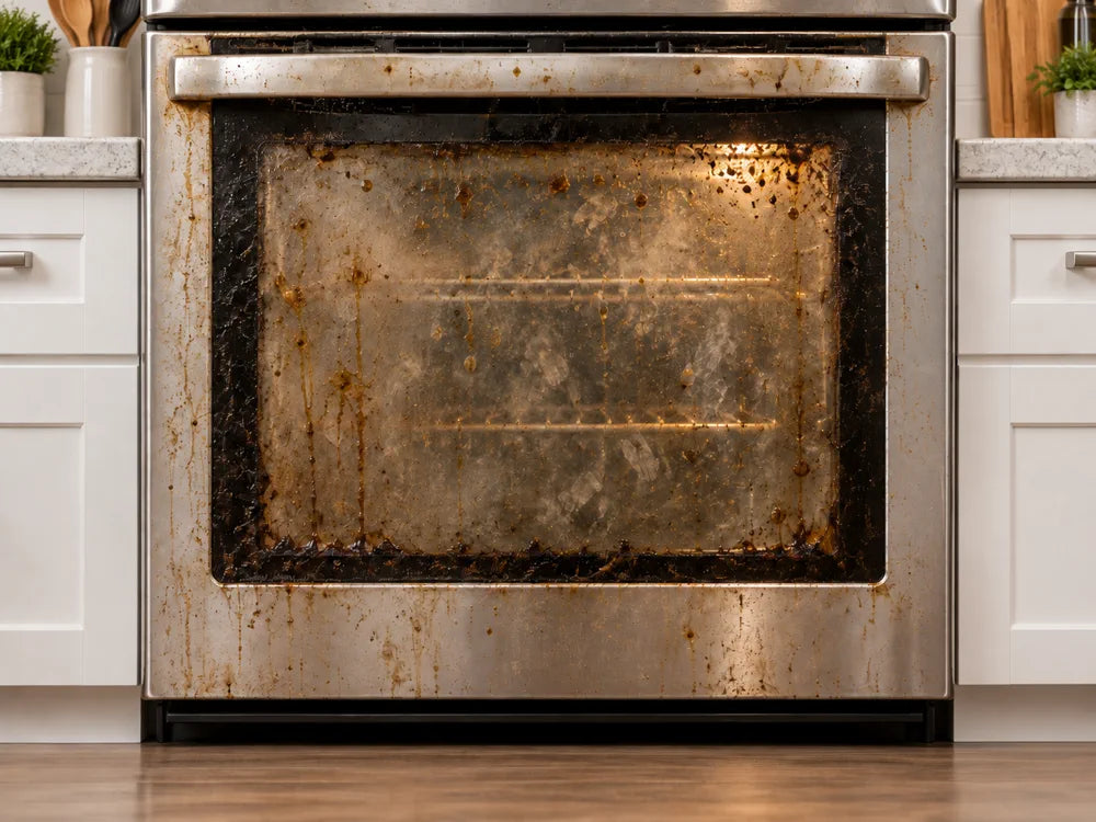 Before cleaning greasy oven door and glass