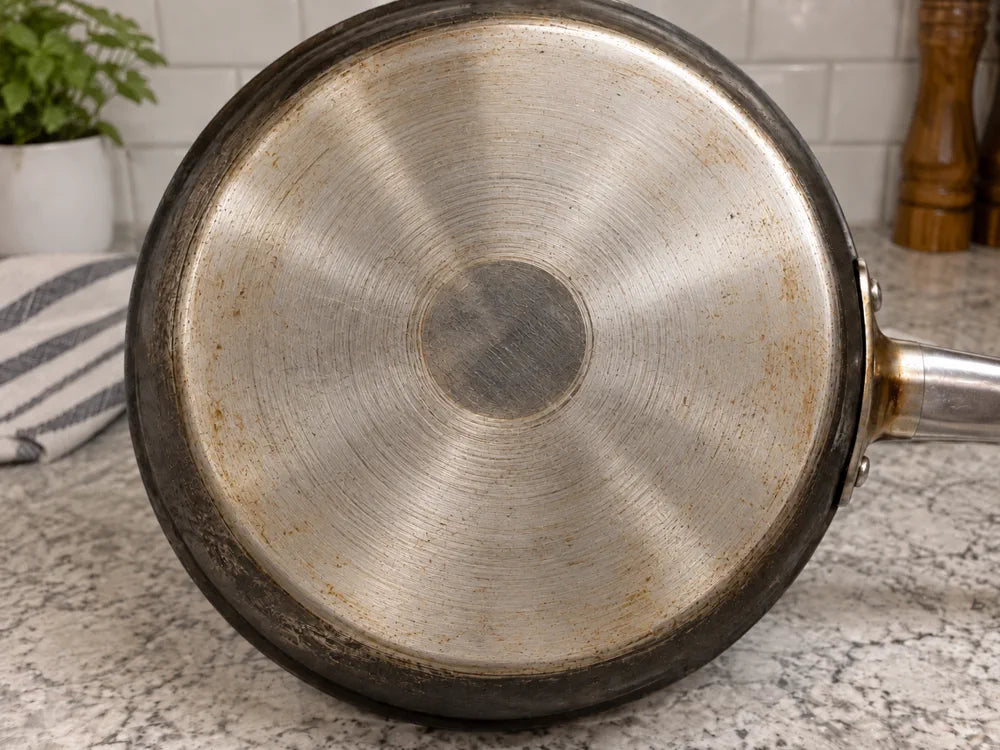 After cleaning burnt grease from a pan bottom