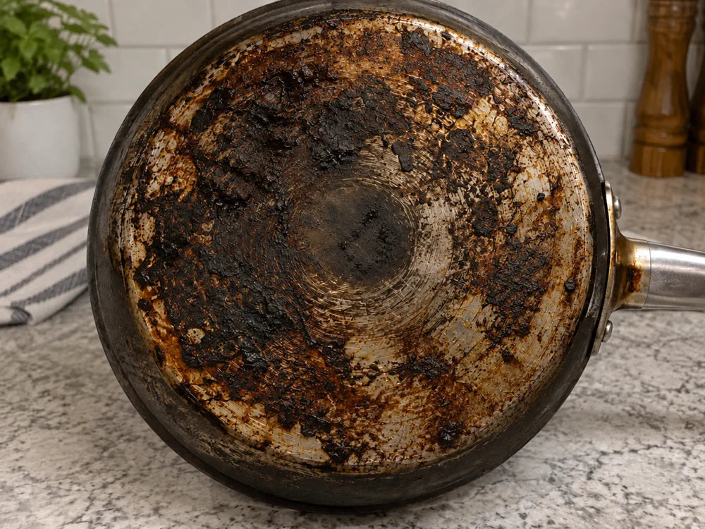 Before cleaning burnt grease from a pan bottom