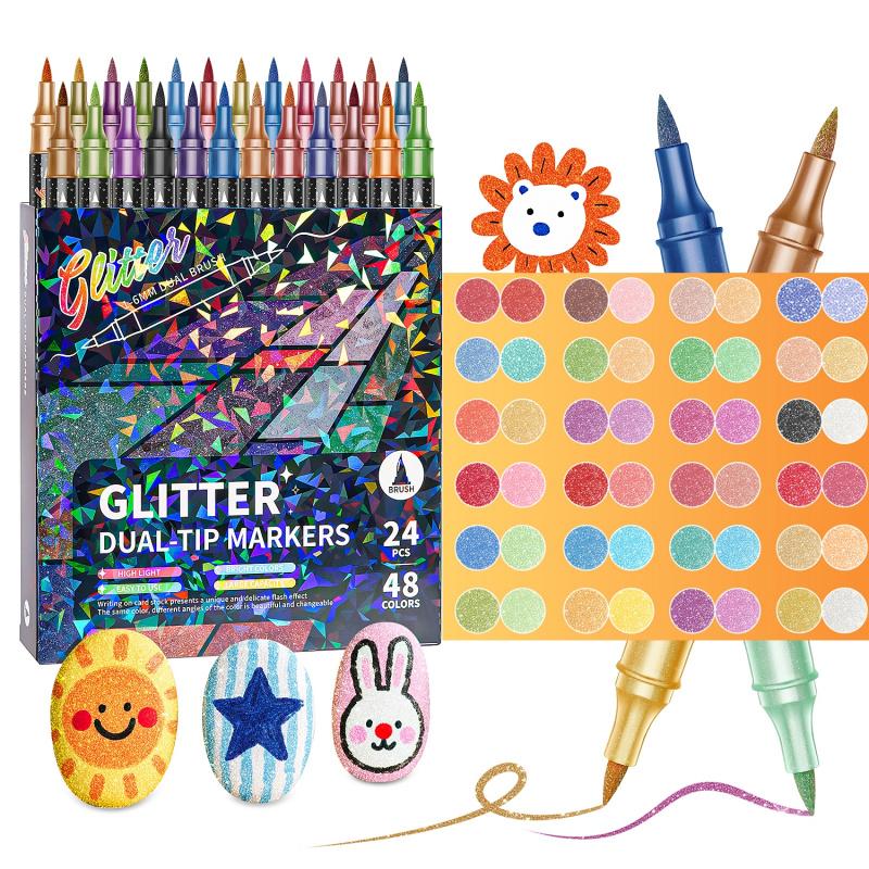🎨Glitter Effect Brush Markers - Create Sparkling Artwork Easily(🌈24-200 Colors | Smooth No Clog | No Bleed Through📝)