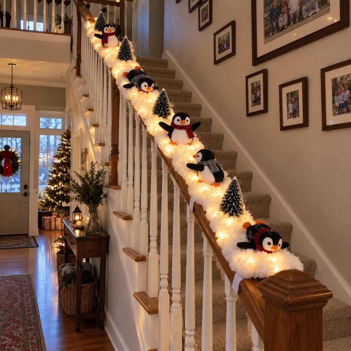 🎄 Lighted Penguin Snowy Stair Railing Christmas Decor