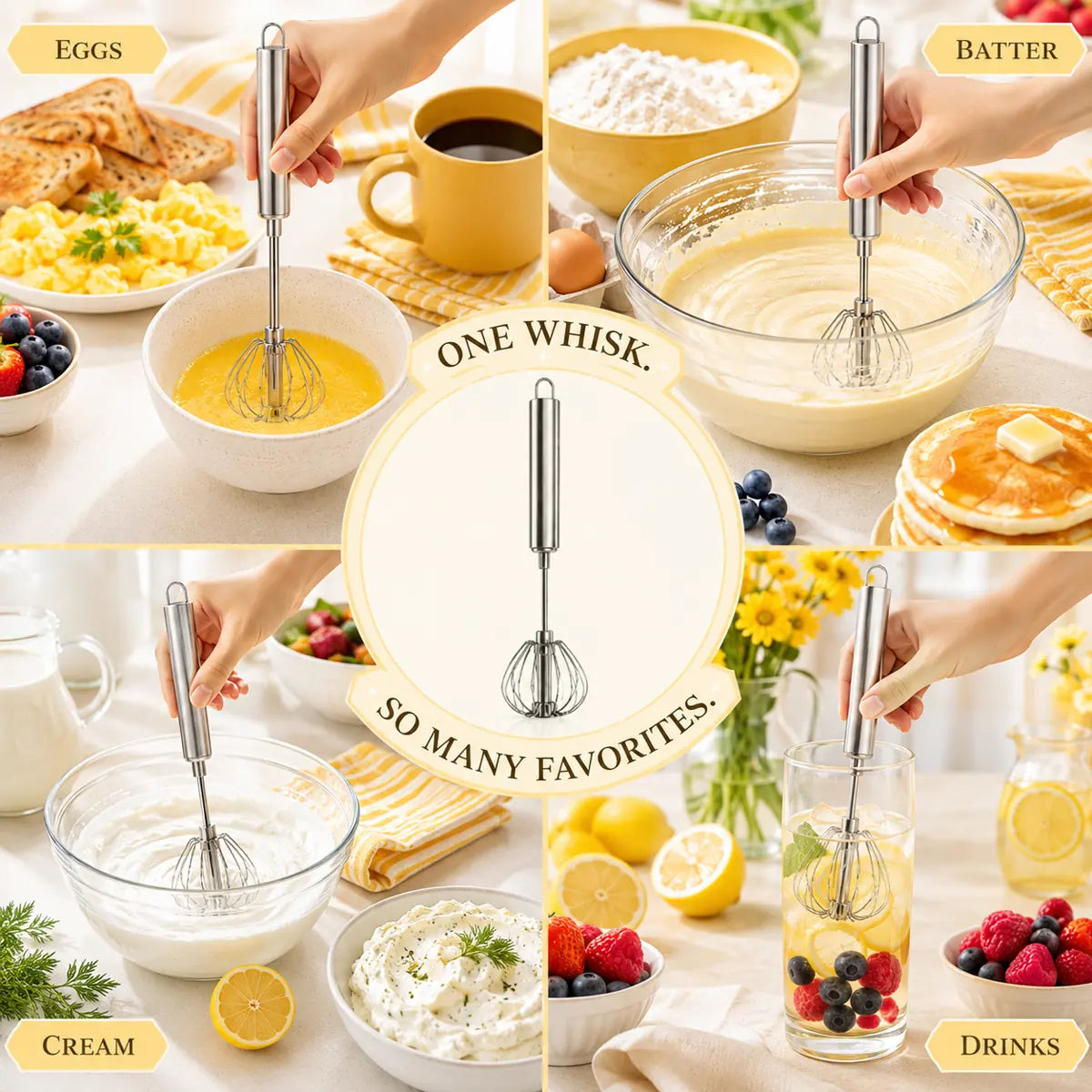 Hand-push rotary whisk used for eggs, coffee, batter, sauces, cream and drinks