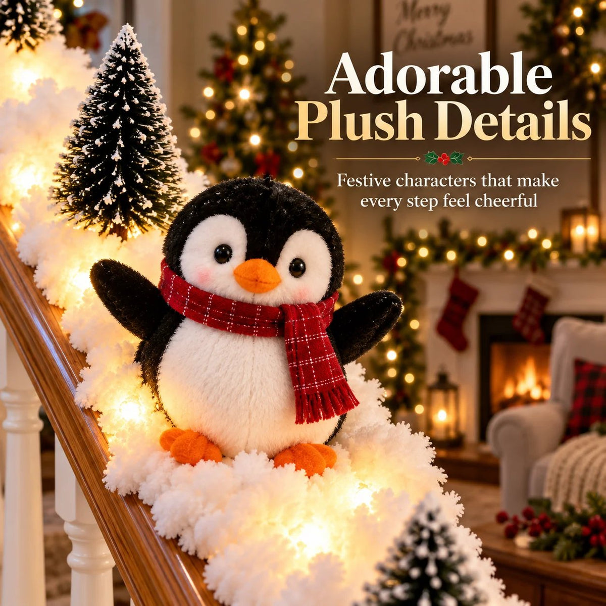 🎄 Lighted Penguin Snowy Stair Railing Christmas Decor