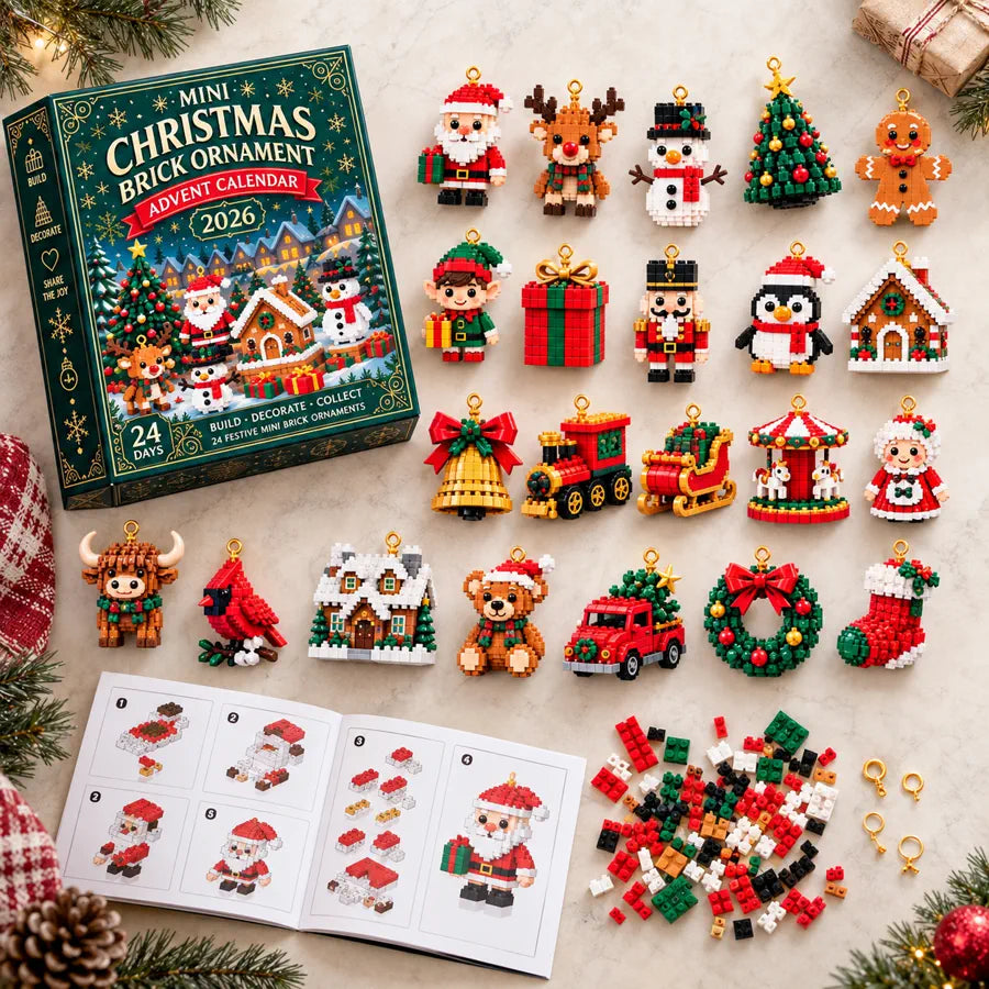 Christmas brick ornament advent calendar kit with 24 builds, instructions, bricks, and hanging rings