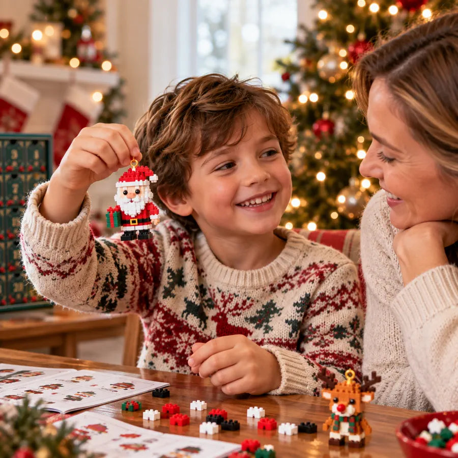 Child proudly holding a finished Santa mini brick ornament with a parent