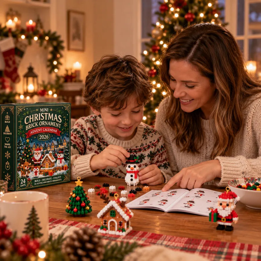 Parent and child building Christmas brick ornaments together at a festive table