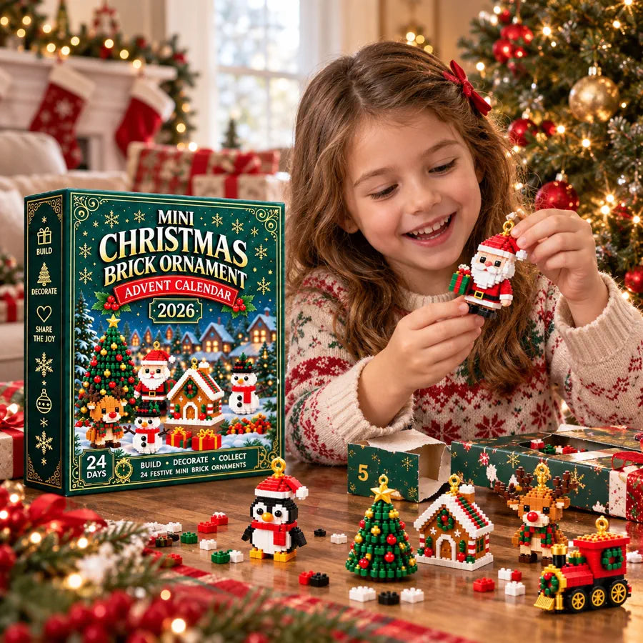 Child happily building a mini Christmas brick ornament beside the advent calendar box