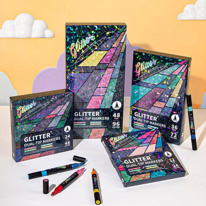 🎨Glitter Effect Brush Markers - Create Sparkling Artwork Easily(🌈24-200 Colors | Smooth No Clog | No Bleed Through📝)
