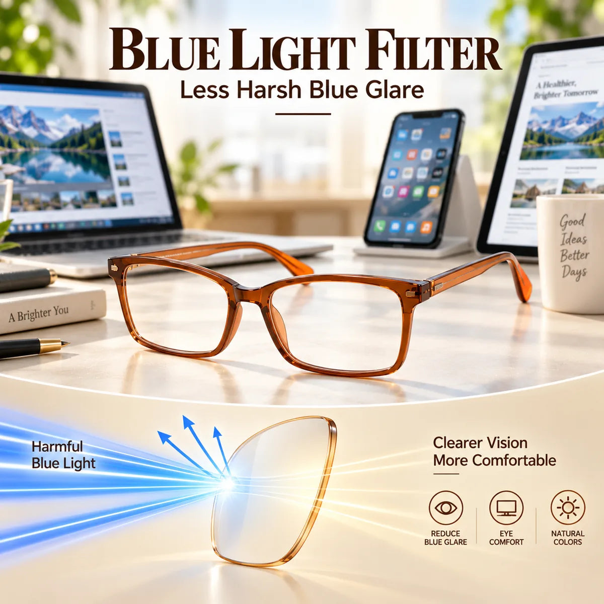 Blue-light filtering visual showing softer screen glare