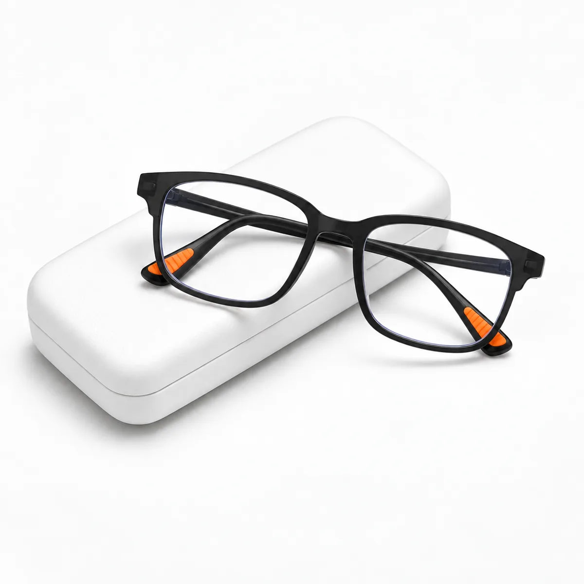 Black anti-blue reading glasses displayed on a white case