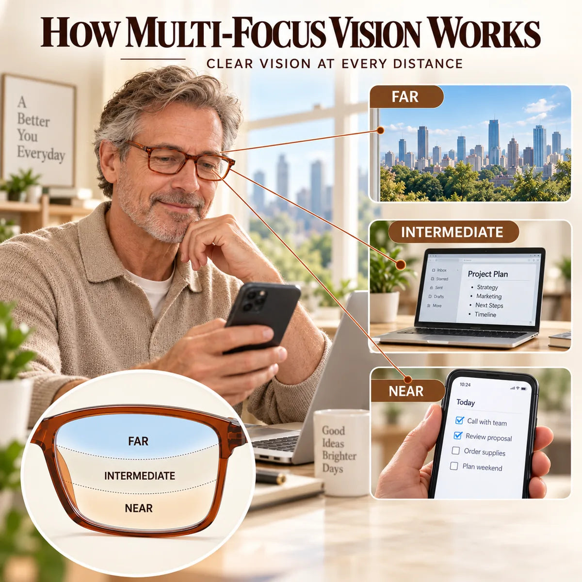Multi-focus vision visual for close, screen, and distance viewing