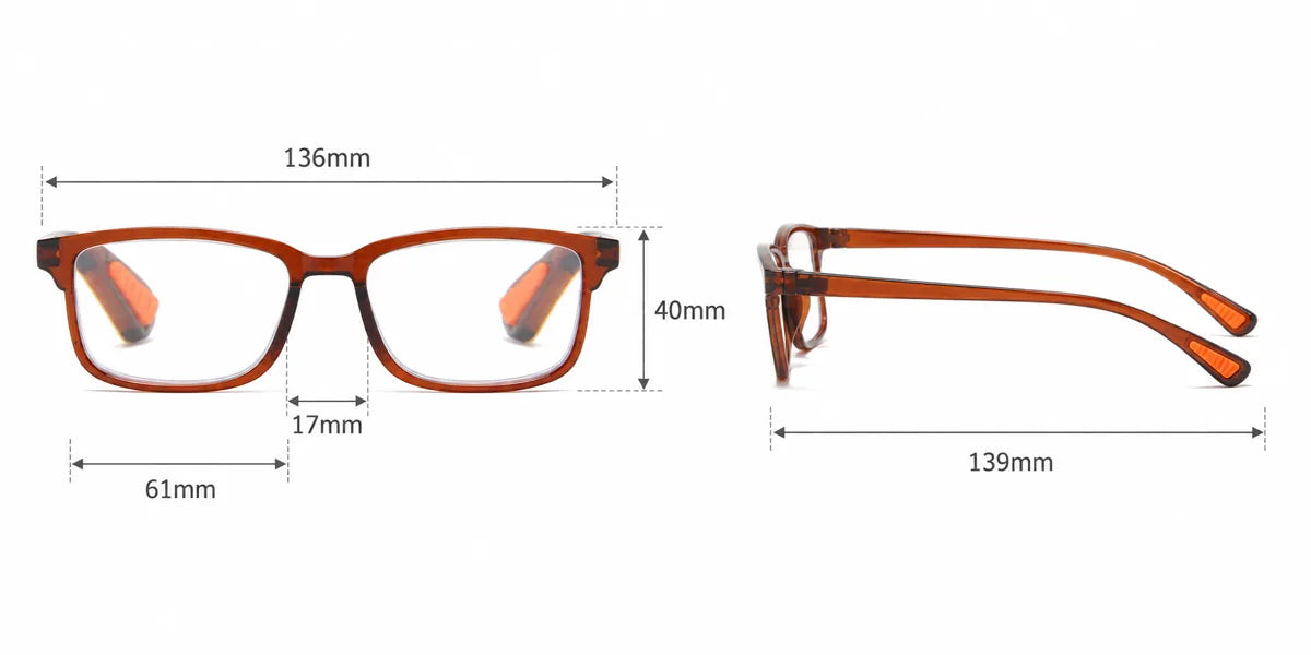 Product dimension chart for anti-blue reading glasses
