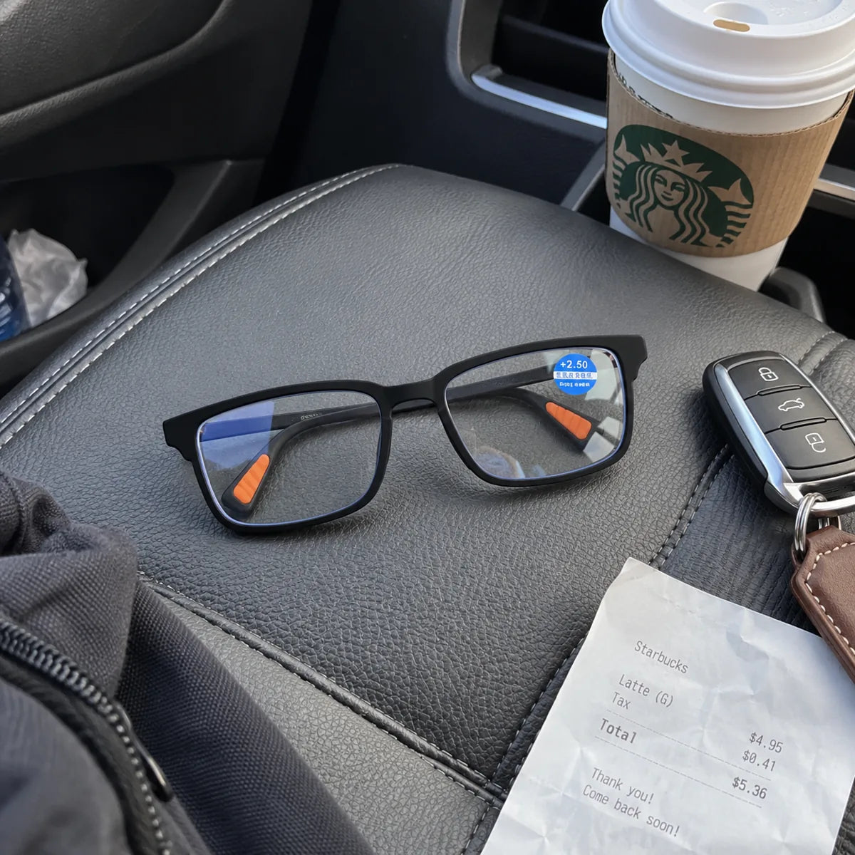 Reading glasses kept in the car for errands