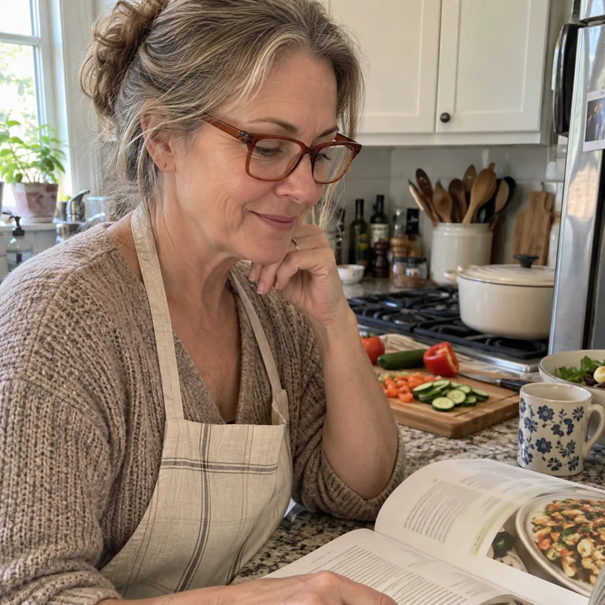 Karen using blue-light reading glasses while reading a cookbook