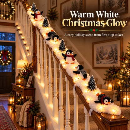 🎄 Lighted Penguin Snowy Stair Railing Christmas Decor